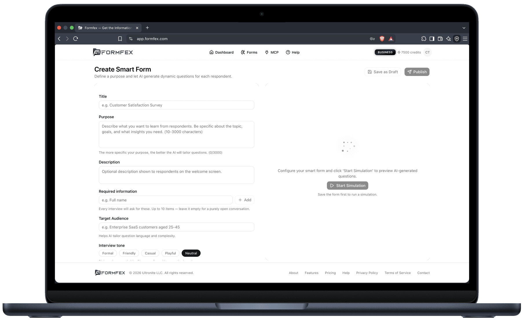 Setting up Smart Conversations in Formfex: describe what you want to learn, list the information every conversation must collect, and pick a conversation tone