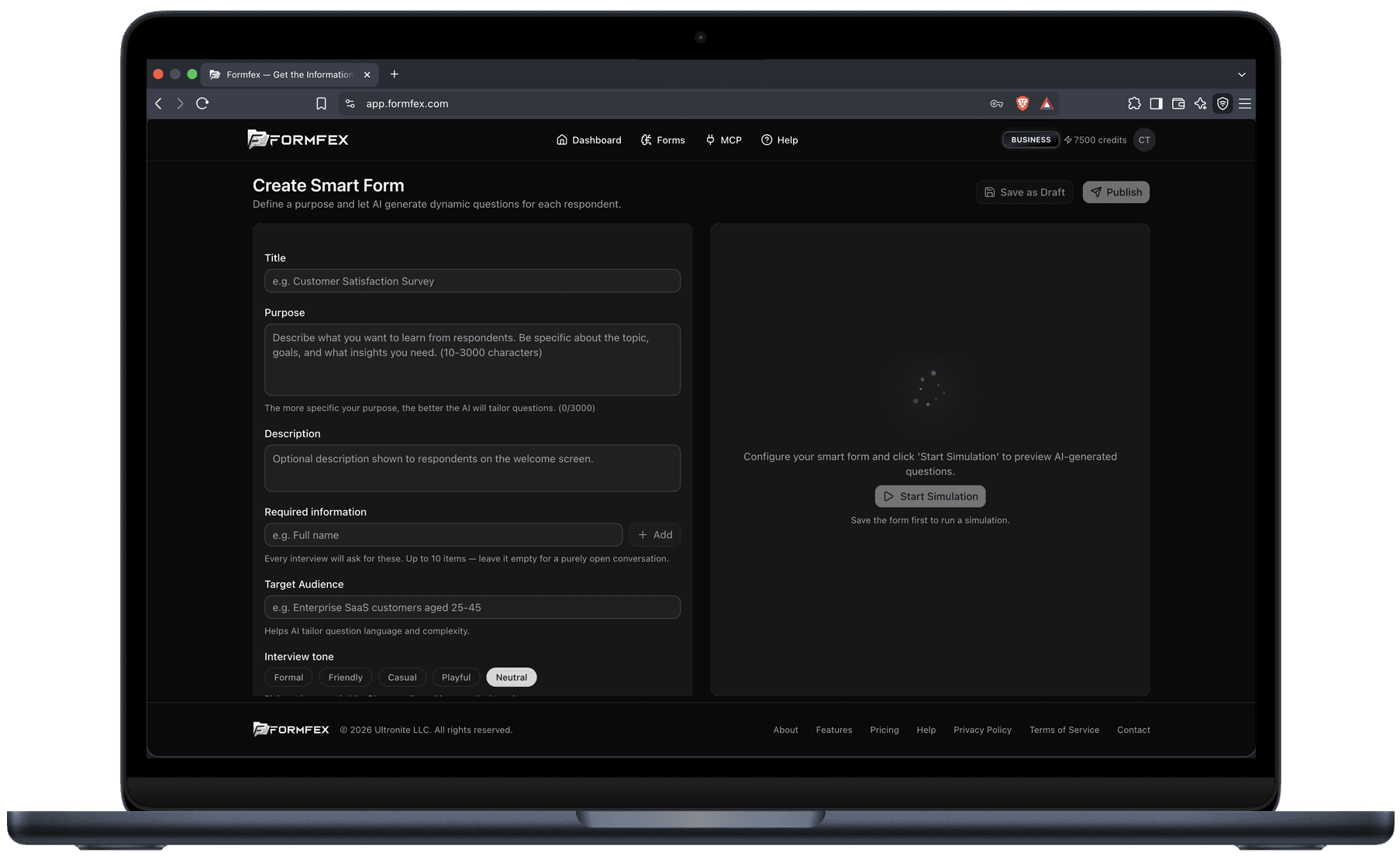 Setting up Smart Conversations in Formfex: describe what you want to learn, list the information every conversation must collect, and pick a conversation tone